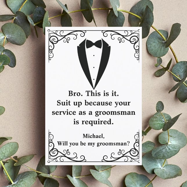 Invitación elegante esmoquin moda mínima propuesta groomsman (Subido por el creador)