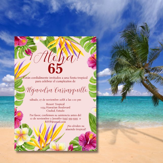 Invitación Elegante español Aloha color rosa 65 cumpleaños (Subido por el creador)