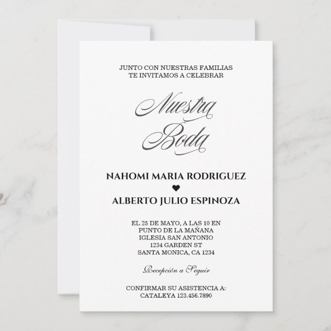 Invitación Elegante español Bianco y Negro Nuestra Boda (Anverso)