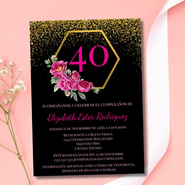 Invitación Elegante español negro y rosa dorado 40 cumpleaños (Subido por el creador)