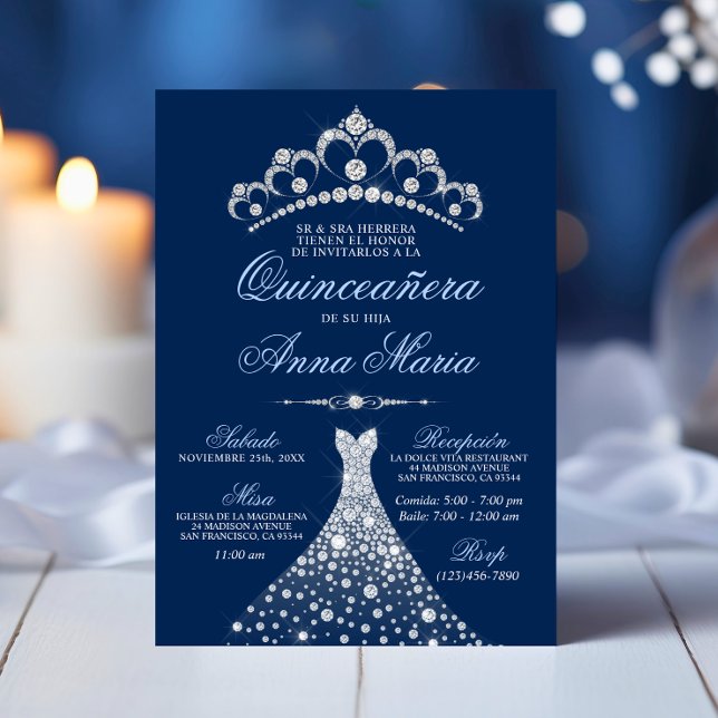 Invitación Elegante español Quinceañera Mis Quince (Elegant Spanish Quinceañera Mis Quince Navy Blue Invitation)
