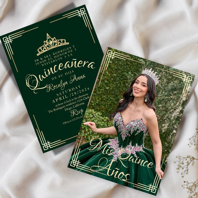 Invitación Elegante español Quinceañera Mis Quince Green Gold (Subido por el creador)