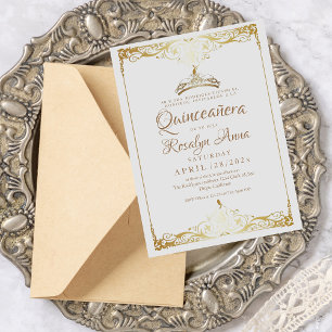 Invitación Elegante español Quinceañera Mis Quince Oro Blanco