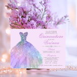 Invitación Elegante Español Quinceañera Mis Quince Púrpura<br><div class="desc">Invitaciones de Quinceañera Mis Quince Anos modernas y elegantes. Purpurina diamante tiara / corona y vestido / vestido. Lavanda de color claro y violeta con colores azules. Tarjetas de plantilla fáciles de editar. Perfecto para la fiesta de cumpleaños 15 chicas.</div>