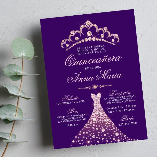 Invitación Elegante Español Quinceañera Mis Quince Púrpura (Subido por el creador)