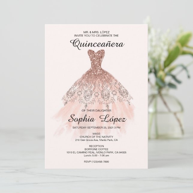 Invitación Elegante Español Quinceañera Mis Quince Rosa (Anverso de pie)