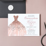 Invitación Elegante Español Quinceañera Mis Quince Rosa Rosa<br><div class="desc">Invitaciones de Quinceañera Mis Quince Anos modernas y elegantes. Purpurina diamante tiara / corona y vestido / vestido. Colores dorados rosa rosa rosa claro. Tarjetas de plantilla fáciles de editar. Perfecto para la fiesta de cumpleaños 15 chicas.</div>