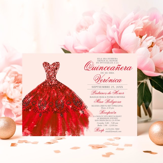 Invitación Elegante español Quinceañera Mis Quince rosas ROJA (Elegant Spanish Quinceañera Mis Quince RED roses Invitation)