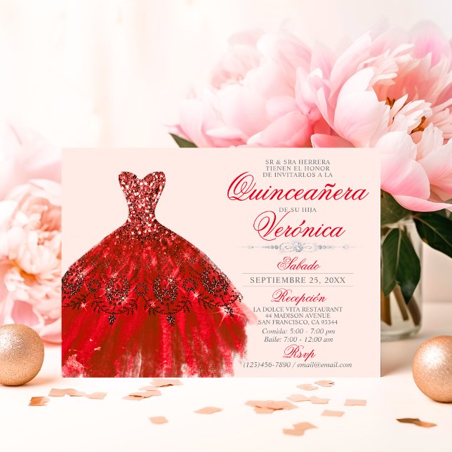 Invitación Elegante español Quinceañera Mis Quince rosas ROJA (Elegant Spanish Quinceañera Mis Quince RED roses Invitation)