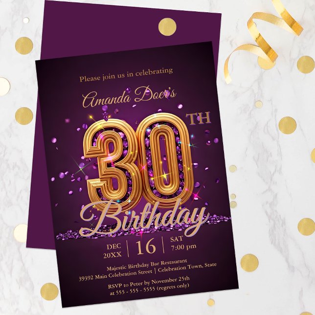 Invitación Elegante Esparkling Morado y Oro 30 cumpleaños (Subido por el creador)