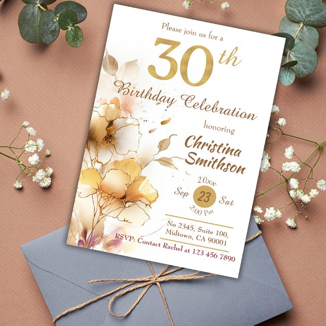 Invitación Elegante espuma dorada floral moderno cumpleaños 3 (Subido por el creador)