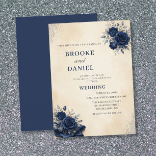 Invitación Elegante Esquina de Boda de Rosa Navy en Tela