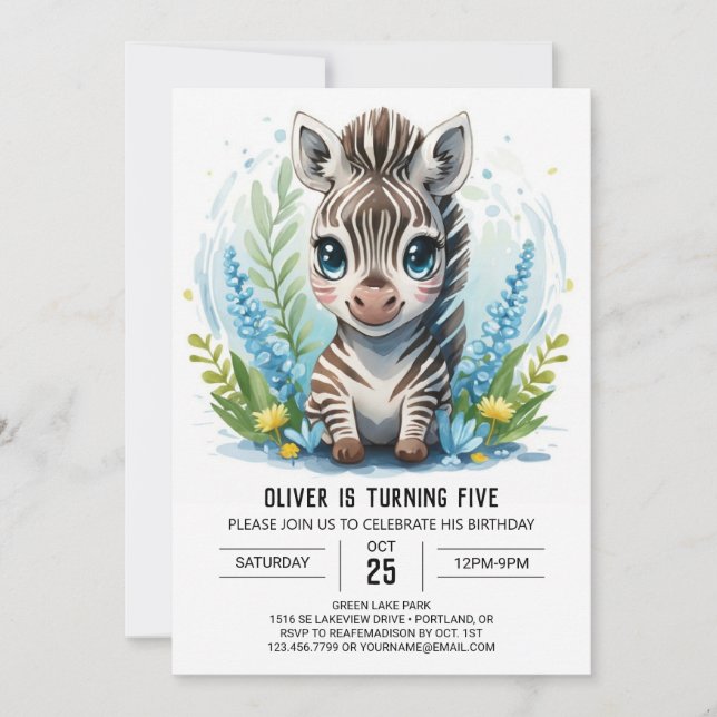 Invitación Elegante estampable Safari Zebra Boy Cumpleaños (Anverso)