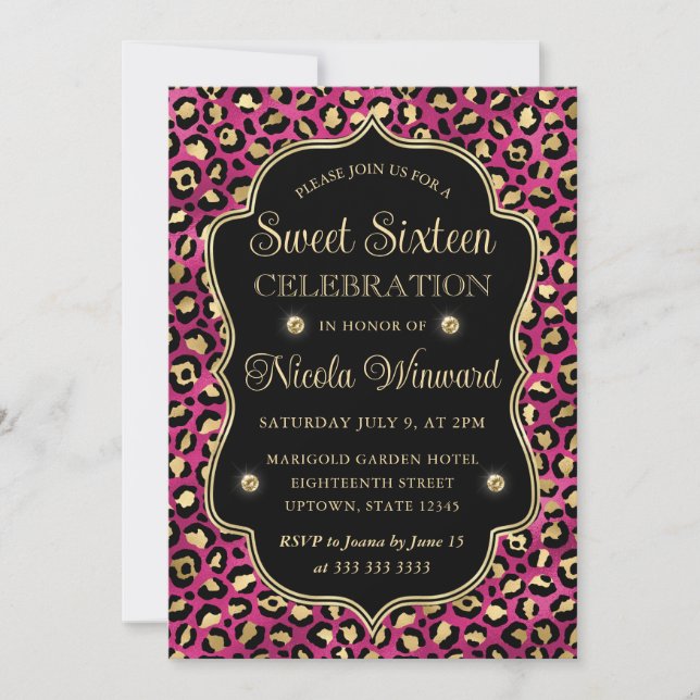 Invitación Elegante Estampado de Leopardo en Rosa Dorado Cump (Anverso)