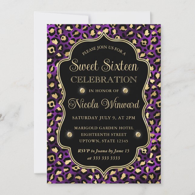Invitación Elegante Estampado de Leopardo Morado Dorado Dulce (Anverso)
