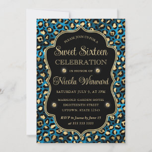 Invitación Elegante Estampado Leopardo Azul Dorado Cumpleaños