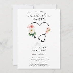 Invitación Elegante estetoscopio floral graduación de enferme