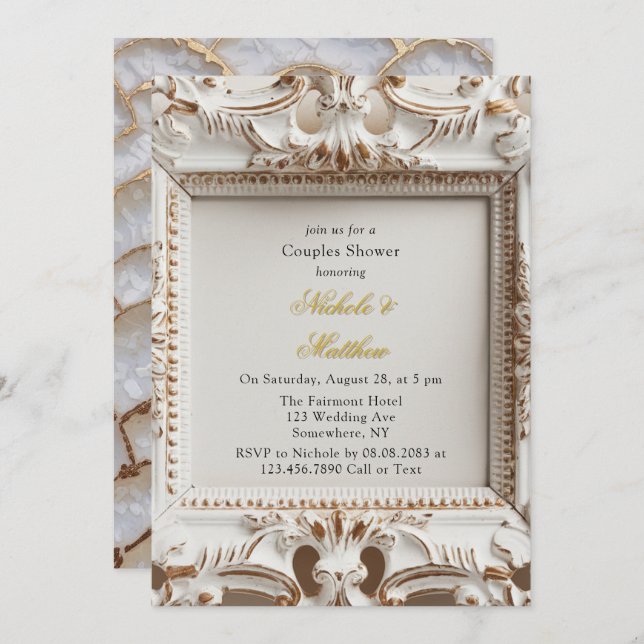 Invitación Elegante estilo barroco Ducha de parejas doradas b (Anverso / Reverso)