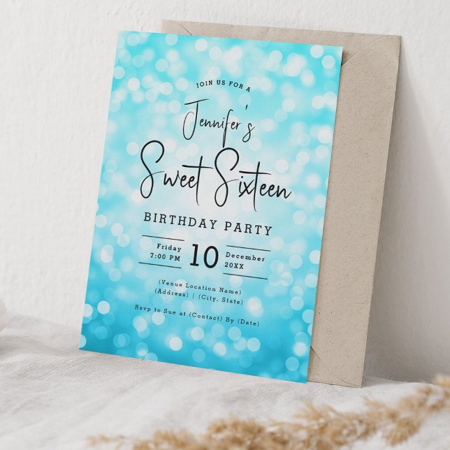 Invitación Elegante estilo Bokeh estilo moderno dulce 16 turq (Elegant Bokeh Modern Script Sweet 16 Turquoise Invitation)
