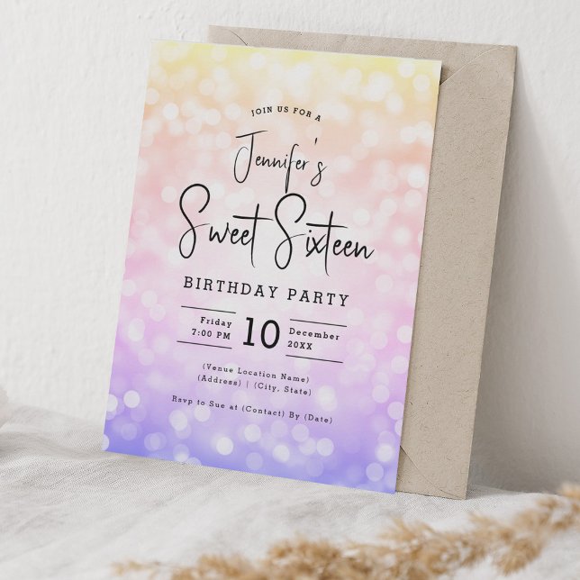 Invitación Elegante estilo Bokeh estilo moderno Sweet 16 Ombr (Elegant Bokeh Modern Script Sweet 16 Ombre Rainbow Invitation)
