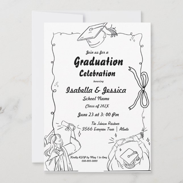Invitación Elegante Estilo Doodle Mano Dibujada Doble Graduac (Anverso)