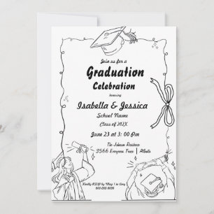 Invitación Elegante Estilo Doodle Mano Dibujada Doble Graduac