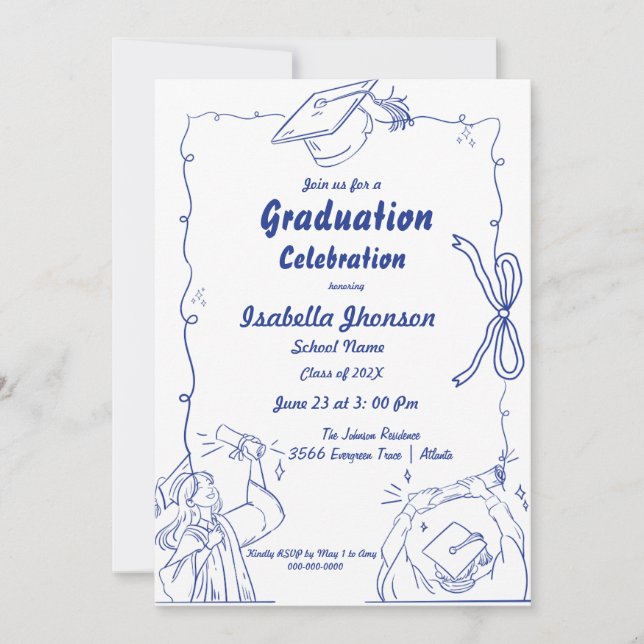 Invitación Elegante Estilo Doodle Mano Dibujada Graduación (Anverso)