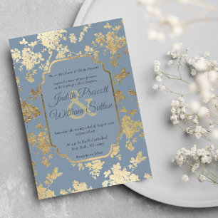 Invitación Elegante estilo Dusty Blue Gold Boda Floral