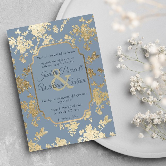Invitación Elegante estilo Dusty Blue Gold Boda Floral (Elegant Style Dusty Blue Gold Floral Wedding )