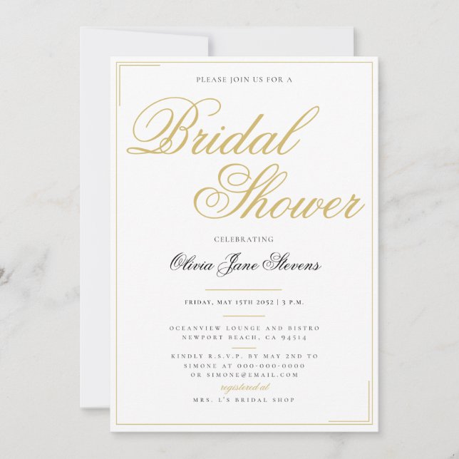 Invitación Elegante Estilo Formal De Guión Dorado Frame Brida (Anverso)