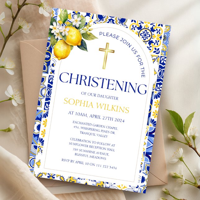 Invitación Elegante estilo mediterráneo con azulejos azules d (Elegant Mediterranean Lemon Blue Tiles Christening Invitation)