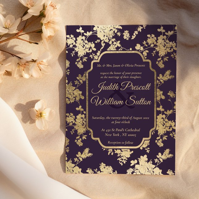 Invitación Elegante estilo Tolopea Boda Morado Oro Floral (Elegant Style Tolopea Purple Gold Floral Wedding )