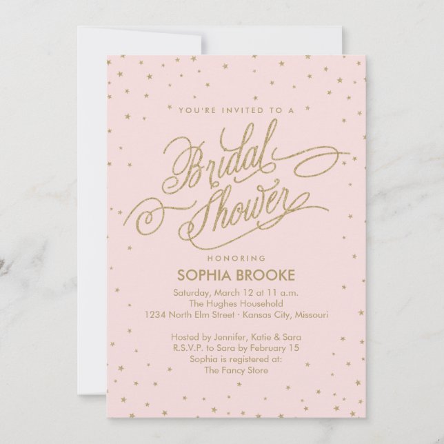 Invitación Elegante estrella de confetti dorada y rosa ducha  (Anverso)