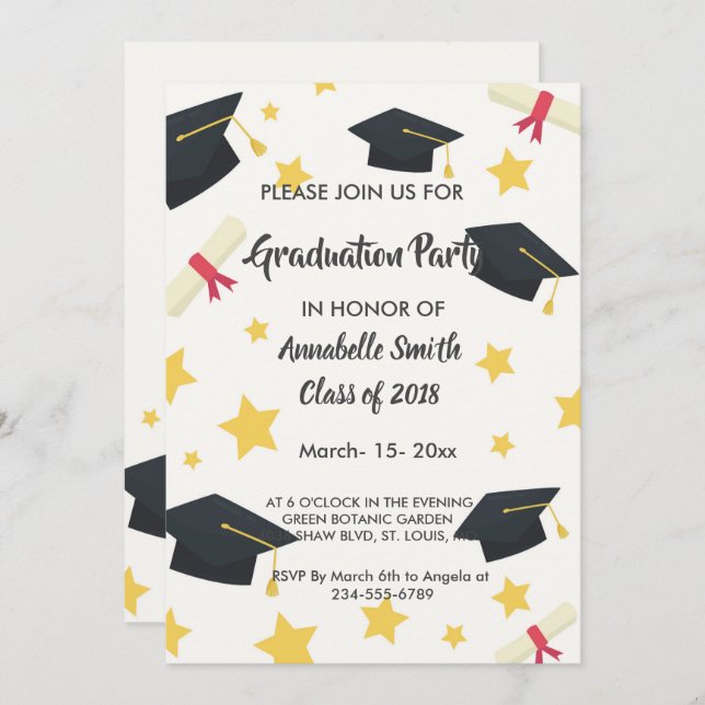 Invitación elegante estrella de moda Graduación (Anverso / Reverso)