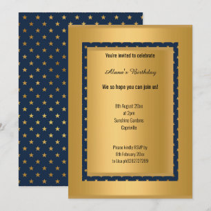 INVITACIÓN ELEGANTE ESTRELLA DE ORO NAVY MODERNA TODO EL CUMP