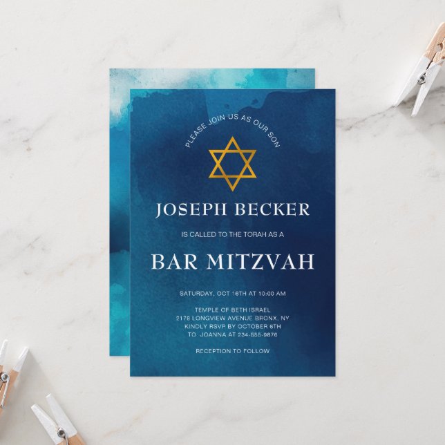 Invitación Elegante estrella dorada de David Bar Mitzvah (Anverso/Reverso In Situ)