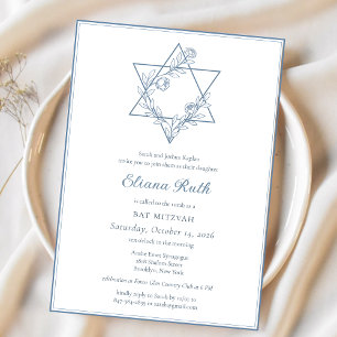 Invitación Elegante Estrella Judía Floral Azul Bat Mitzvah Mo