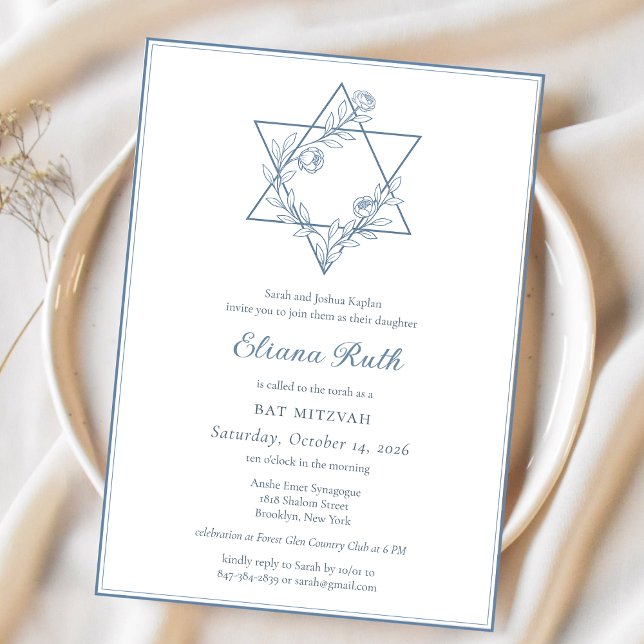 Invitación Elegante Estrella Judía Floral Azul Bat Mitzvah Mo (Subido por el creador)