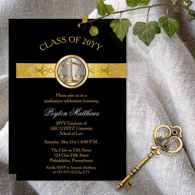 Invitación Elegante estudiante de posgrado de la Escuela de O (Elegant Modern Gold Tone and Black Law School Lawyer | Attorney Graduation Announcement | Invitation)