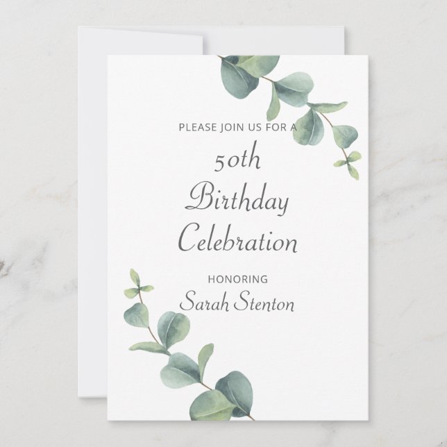 Invitación Elegante Eucalipto 50 cumpleaños (Anverso)