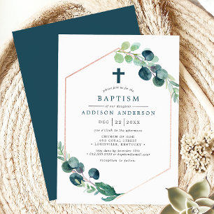 Invitación Elegante Eucalipto Acuarela con Bautismo Cruz
