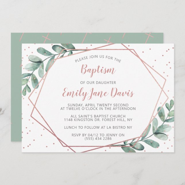 Invitación Elegante Eucalipto Bautismo O Cristalización (Anverso / Reverso)