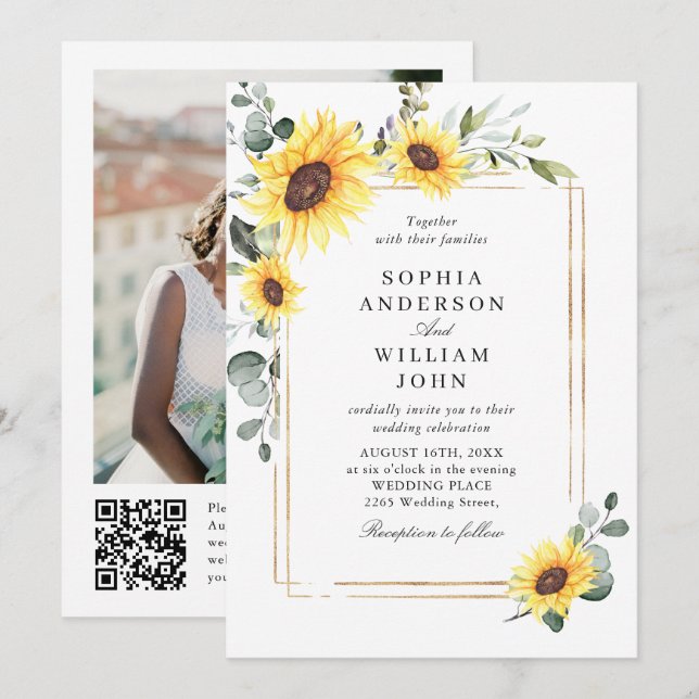 Invitación Elegante Eucalipto Boda de girasol Foto código QR (Anverso / Reverso)