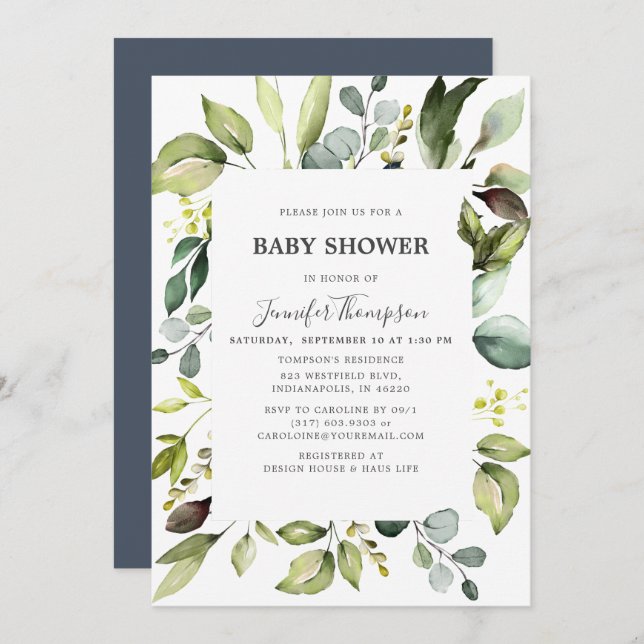 Invitación Elegante eucalipto con Baby Shower verde (Anverso / Reverso)