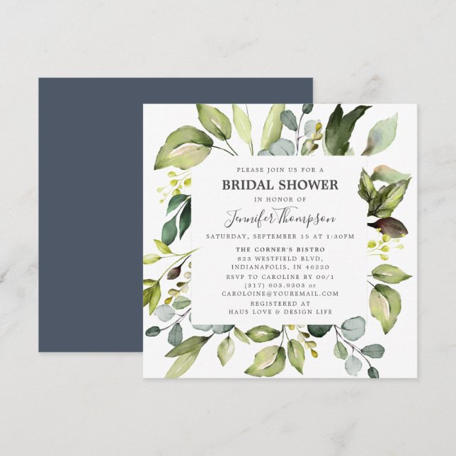 Invitación Elegante eucalipto con ducha verde de novia (Anverso / Reverso)