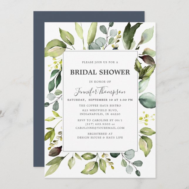 Invitación Elegante eucalipto con ducha verde de novia (Anverso / Reverso)