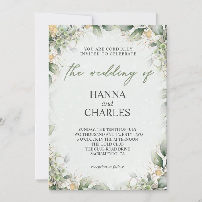 Invitación Elegante Eucalipto de crema de oro verde (Anverso)