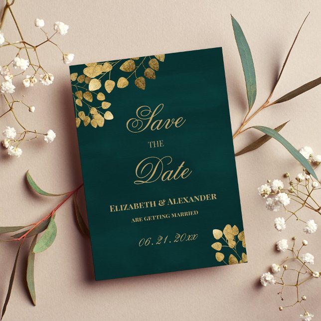Invitación Elegante eucalipto de oro verde oscuro salva la fe (Elegant dark green gold eucalyptus Save the Date )