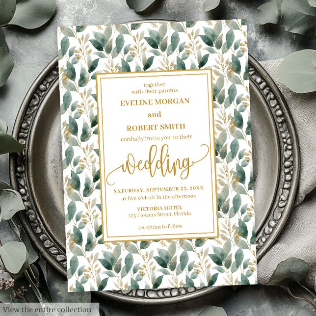 Invitación Elegante eucalipto de oro verde profundo invita a  (Romantic Dark Green Gold Foliage Wedding Invitation)