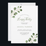 Invitación Elegante eucalipto deja fiesta de 30 años<br><div class="desc">Rústica y moderna acuarela eucalipto follaje verde Feliz Treinta y Treinta cumpleaños invitación a la fiesta.</div>